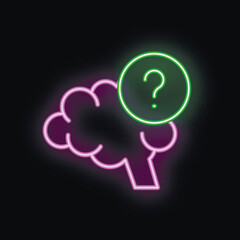 Poster - Neon style illustration of a brain with a question mark representing the thinking process, a symbol of curiosity and problem solving