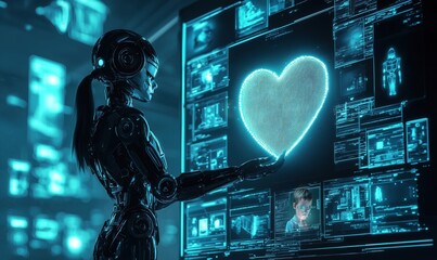 Aufkleber - Futuristic robot holding glowing heart symbol, showcasing advanced technology and human connection, digital interface with holographic displays