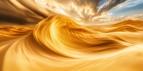 Wall Mural - a wave of sand is shown in a desert. the sky is cloudy and the sun is setting