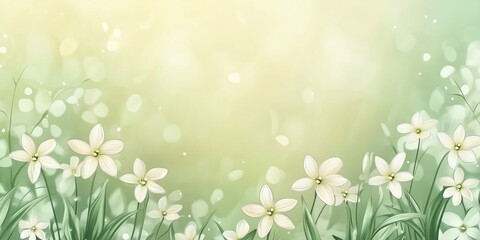 Poster - Delicate white flowers blooming in soft green background with gentle bokeh effect, creating serene and tranquil atmosphere