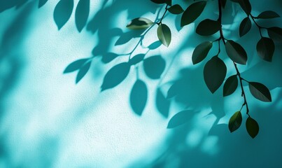 Poster - Shadows of Green Leaves on Turquoise Wall, Captivating Play of Light and Nature's Beauty