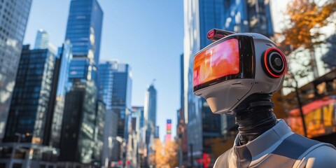 Poster - Futuristic robot with glowing visor in urban cityscape, showcasing advanced technology and modern architecture