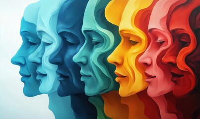 Poster - Colorful abstract representation of human faces showcasing diversity and emotion through vibrant hues and flowing lines