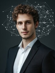 Poster - Portrait of attractive young european businessman with abstract polygonal brain on gray background with mock up place. Brainstorm, AI and machine learning concept