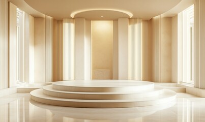 Poster - Elegant minimalist interior design featuring circular podium, soft lighting, and cream-colored walls, perfect for presentations or exhibitions
