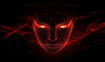 Poster - Digital face with glowing red eyes and abstract particles, representing artificial intelligence and futuristic technology