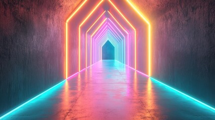 Poster - A corridor features glowing neon lights in various colors, creating a captivating and modern atmosphere within a sleek architectural space