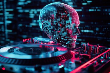 Poster - Conceptual cyborg head on turntable with glitch effects representing big data and technology, Big Data conceptual Cyborg head on turntable glitch effect seamless