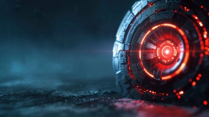 Poster - A striking futuristic shield featuring vibrant glowing elements is set against a dark, atmospheric backdrop, exuding a technological allure