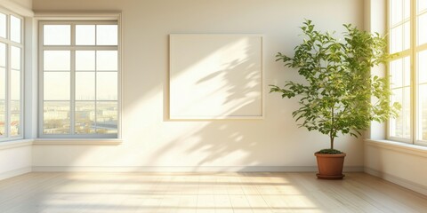 Wall Mural - Bright, airy interior with large windows, empty frame, and potted plant casting shadows