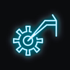 Poster - Neon blue icon of a robotic arm moving a cogwheel on a black background