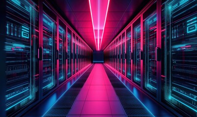 Aufkleber - Futuristic data center corridor illuminated with neon lights, showcasing rows of servers and advanced technology