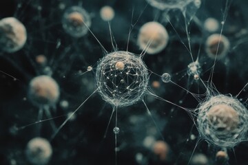 Poster - Exploring a network of interconnected spheres illustrating dynamic movements and relationships, network of connections with spheres moving