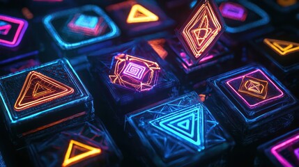Wall Mural - Collection of floating patches with neon detailing, artfully arranged in a three-dimensional space shrouded in shadows.