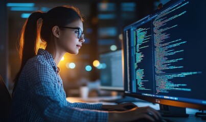 Poster - female programmer coding at night, illuminated by computer screens, showcasing lines of code and a f