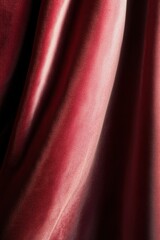 A deep red velvet curtain drapes gracefully, softly lit to enhance the rich texture and color, creating a warm and inviting ambiance in a cozy setting