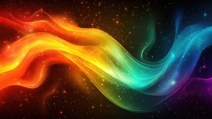 Poster - Colorful abstract wave design with vibrant hues of red, orange, yellow, green, blue, and purple swirling in a cosmic background filled with stars and light effects
