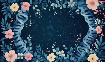 Poster - DNA Helix Surrounded by Floral Elements and Leaves, Elegant Botanical Frame for Scientific or Artistic Use