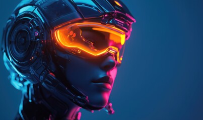 Poster - Futuristic robotic head with glowing visor and intricate circuitry, showcasing advanced technology and cybernetic design