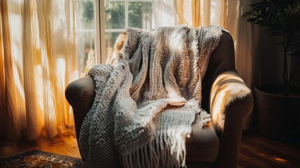 Poster - A soft, textured blanket rests gracefully on a chic couch, inviting warmth and relaxation. Golden sunlight streams through sheer curtains, creating a serene ambiance perfect for unwinding