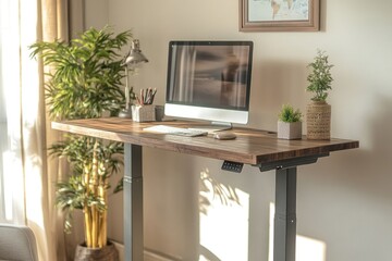 Poster - A computer sits on top of a wooden desk, perfect for home or office use