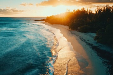 Poster - Aerial view captures serene sunset over tranquil beach with gentle waves and lush greenery, Aerial camera moving right discovering sunset background and beachline at Mauritius
