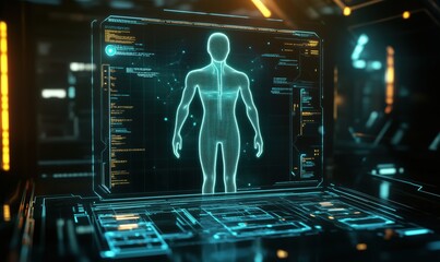 Poster - futuristic holographic display of human anatomy with digital interface and data visualization
