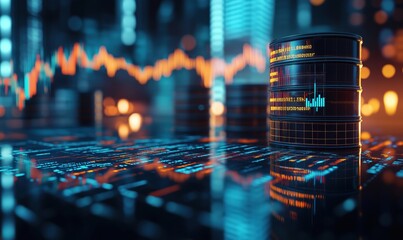 Poster - data visualization with digital barrels representing data storage, financial graphs, and glowing cir