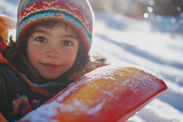 Poster - A young child laying in the snow with a snowboard, perfect for winter scenes and cold weather activities