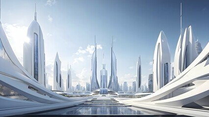 Poster - 3d render of a futuristic white minimalist architecture with geometric shapes in surreal backdrop, AI generated