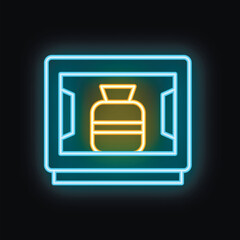 Poster - Glowing neon safe deposit box icon is displaying a money bag on a dark background, representing financial security