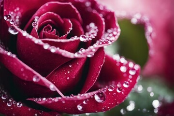 Wall Mural - Close-up view of a red rose with water droplets, green leaves, and blurred background, AI generated