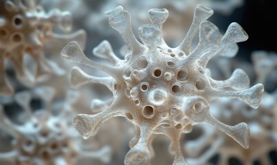 Poster - Microscopic view of virus structure showcasing intricate details and textures, highlighting spikes and surface features
