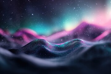 Poster - A vibrant, flowing gradient blends green, purple, and blue hues, resembling rolling hills under a cosmic sky filled with stars, evoking a sense of tranquility and wonder in the universe