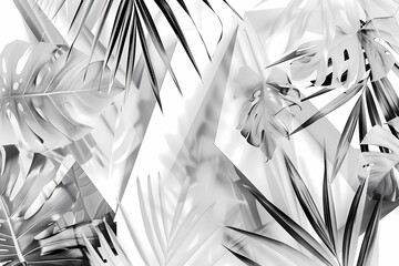 Poster - black and white abstract design of tropical plant leaves creating a dense foliage pattern, illustrat