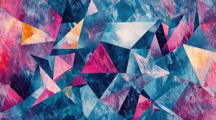 Poster - Abstract geometric background with colorful triangles and textured surfaces in shades of blue, pink, and purple suitable for modern design projects and artistic presentations