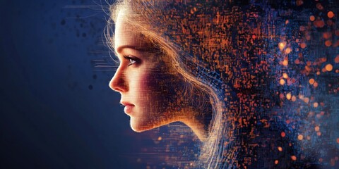Poster - Digital portrait of woman with flowing hair and abstract data patterns, showcasing a blend of technology and human beauty
