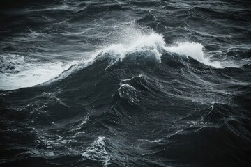 Poster - Waves crash against the shore under a dramatic black wavy background in a serene coastal setting, Black wavy background Slow