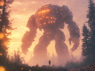 Wall Mural - towering juggernaut titan in the midst of a surreal twilight forest, illuminated by soft, shimmering