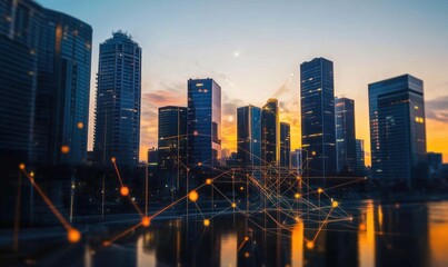 Poster - Urban skyline at sunset with digital network overlay, showcasing modern architecture and technology integration