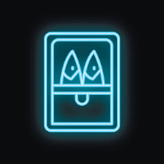 Poster - Blue neon sign of a can of fish glowing on a black background