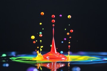 Poster - Colorful ink drop splashes vividly against a dark background creating stunning visual contrast, 4K Colorful Ink Drop On A Black Background