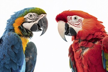 Wall Mural - Red and blue Macaw parrot birds on white background. Generative Ai, AI generated