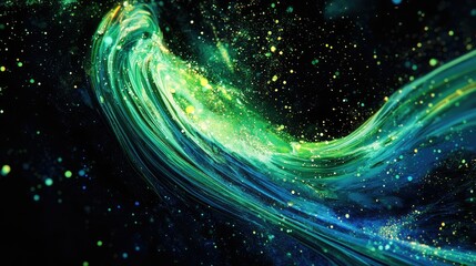 Poster - Abstract cosmic wave of vibrant green and blue colors swirling in a dark space, depicting the energy and beauty of the universe with sparkling stars and luminous particles