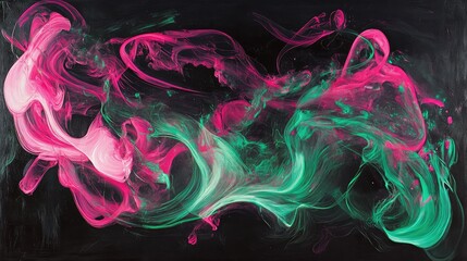 Poster - Abstract Colorful Swirls of Pink and Green Paint on Dark Background Creating a Captivating Artistic Display with Fluid Movement and Vibrant Hues