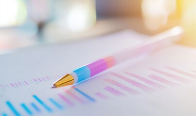 Poster - Colorful pen resting on financial report with bar graphs and data analysis, showcasing business performance metrics and trends