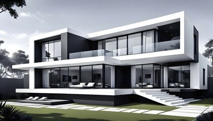 Poster - Rendering of a modern real estate residential house in clean geometric forms in black and white, AI generated