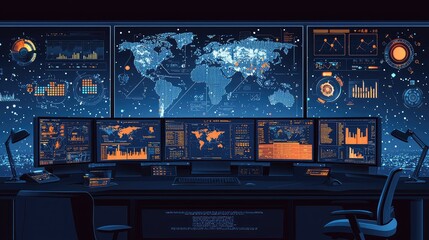 Poster - Futuristic Control Room with Monitors Displaying Global Data Visuals