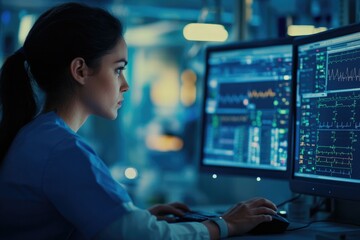 Poster - a person working on multiple computers, possibly a freelancer or it professional