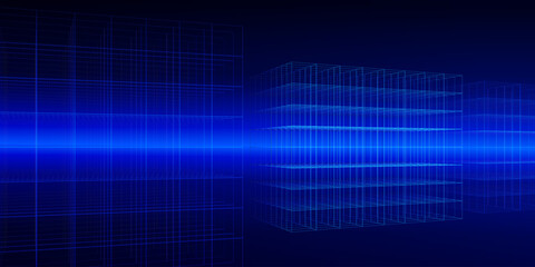 Aufkleber - Block chain network concept and big data visualization. Cyber technology geometric abstract perspective grid lines blue background.